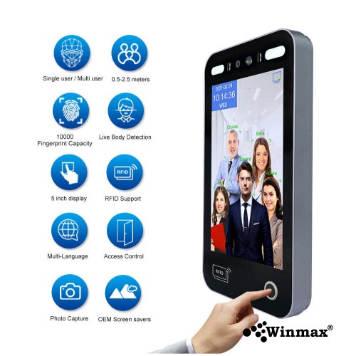 เครื่องสแกนควบคุมการเข้า-ออกอัจฉริยะ AI จดจำใบหน้า IPS HD 8 นิ้ว  รองรับ QR Code และลายนิ้วมือ Winmax-AI18EF