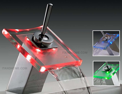 ก๊อกน้ำ RGB LED Light Glass Waterfall Faucet เปลี่ยนสีได้