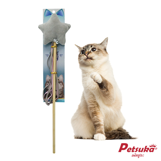 Petsuka Soft Fabric Realistic Star Cat Teaser Stick Gray
