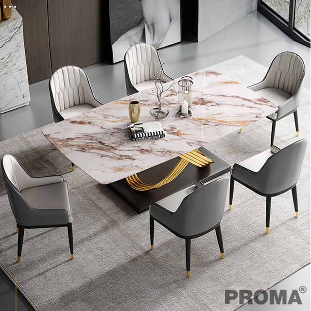 Dining Table Set Luxury Gold Stone with Stainless Steel Base