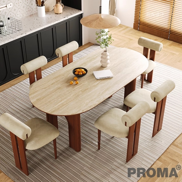 Oval dining table with vintage French travertine stone chairs