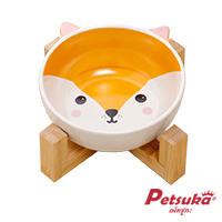 ชามเซรามิกสัตว์เลี้ยง Petsuka พร้อมฐานรองสไตล์ญี่ปุ่น สำหรับสุนัขและแมว รูปสุนัขจิ้งจอก BOW-FOX