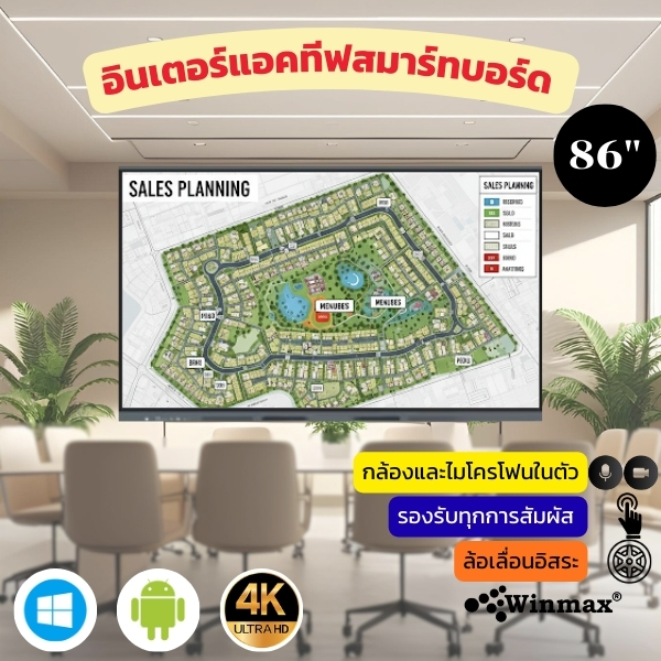 อินเตอร์แอคทีฟสมาร์ทบอร์ด 2CPU 2in1 Windows / Androids OS สำหรับการประชุมและสัมมนา 86 นิ้ว 4K Winmax รุ่น Win-IMR32-86