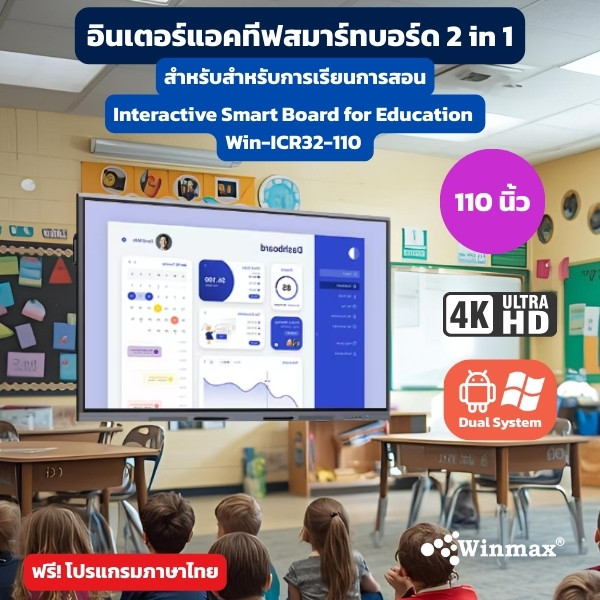 อินเตอร์แอคทีฟสมาร์ทบอร์ด 2CPU 2in1 Windows / Androids OS สำหรับการเรียนการสอน 110 นิ้ว 4K Winmax รุ่น Win-ICR32-110