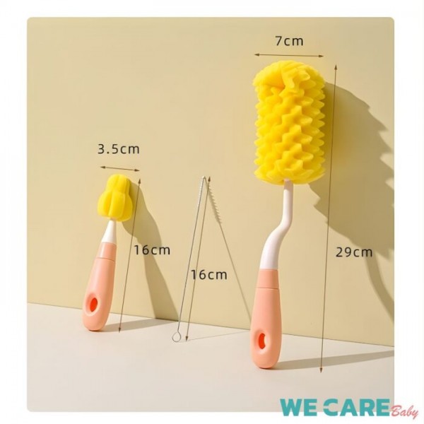 แปรงล้างขวดนม 3in1 แบบฟองน้ำสับปะรด ล้างจุกนม ล้างหลอด หัวแปรงหมุนได้ ปลอดสารก่อมะเร็ง ปลอดภัยกับลูกน้อย WE CARE รุ่น Cleaning Brush