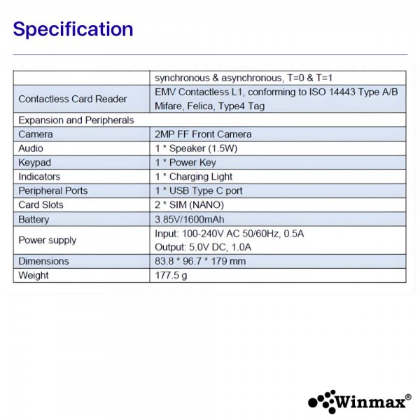 POS อัจฉริยะพร้อมกล้องหน้า 2 MP และ เครื่องพิมพ์ความร้อนขนาด 58 มม. Winmax-Z80-V5