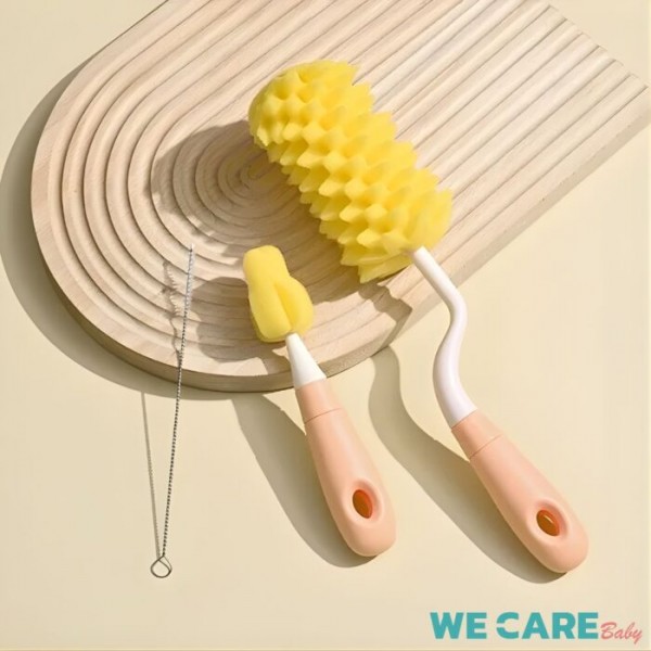 แปรงล้างขวดนม 3in1 แบบฟองน้ำสับปะรด ล้างจุกนม ล้างหลอด หัวแปรงหมุนได้ ปลอดสารก่อมะเร็ง ปลอดภัยกับลูกน้อย WE CARE รุ่น Cleaning Brush