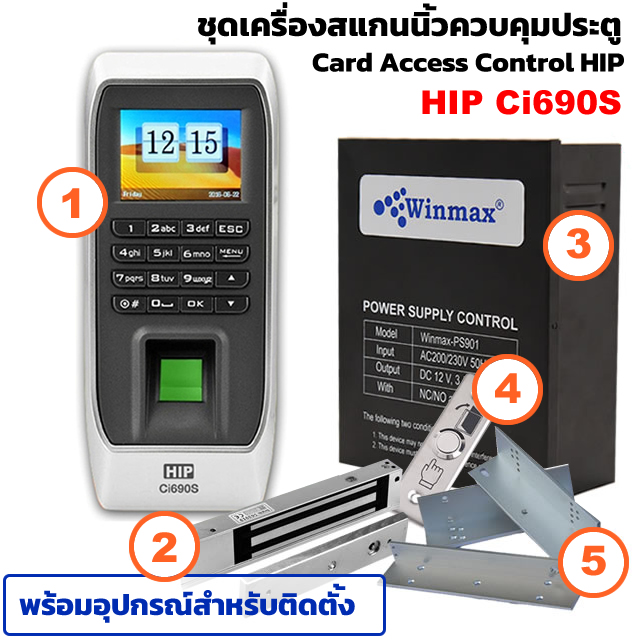 ชุดเครื่องสแกนลายนิ้วมือพร้อมอุปกรณ์ควบการปิด-เปิดคุมประตู HIP Ci690s